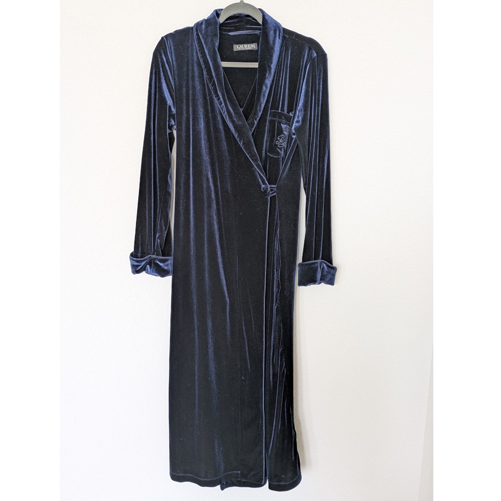 Lauren Ralph Lauren Navy Blue Velvet Wrap Robe Embroidered Crest Small